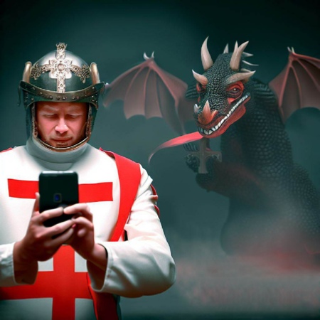 Phone alert for St George: There's a dragon behind you. Image created using Bing AI / DALL-E