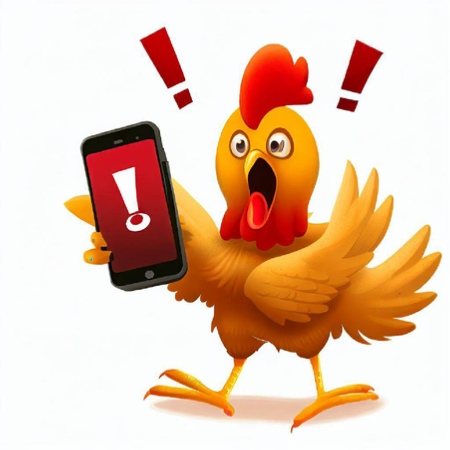 Chicken Little alarmed by UK Government phone alert test. Image created using Bing AI / DALL-E