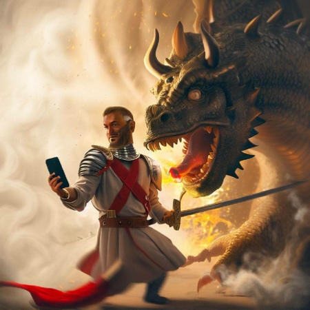 St George distracted from fighting the dragon, by a phone alert. Image created using Bing AI / DALL-E
