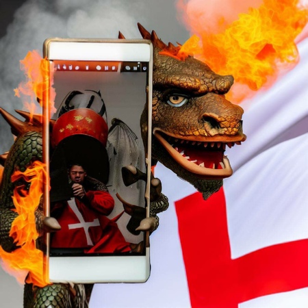 Dragon holding phone showing photo of St George. Image created using Bing AI / DALL-E