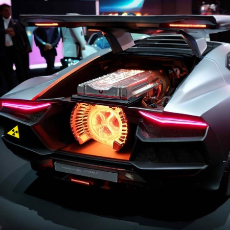 Nuclear powered Lamborghini car with glowing reactor in the back. Image created using Bing AI / DALL-E
