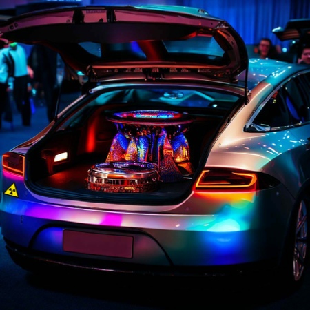 Nuclear powered Tesla car, showing reactor in trunk: Image created using Bing AI / DALL-E